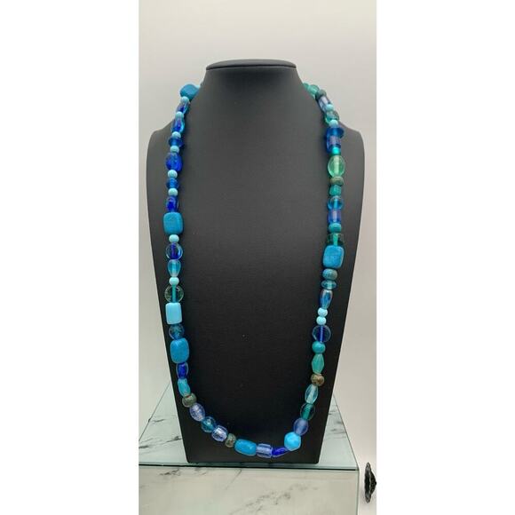 Aqua And Turquoise Blue Mixed Beads Beaded Necklace - Picture 1 of 5